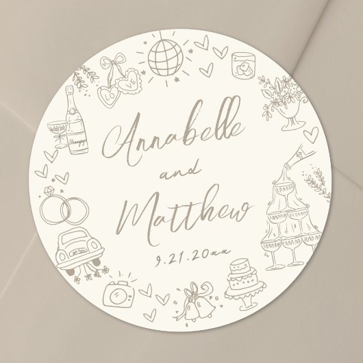 Sticker Rond Hand Drawn Whimsical Wedding