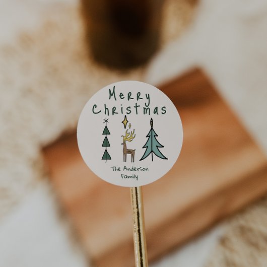 Sticker Rond Hand Painted Abstract Christmas Tree Reindeer