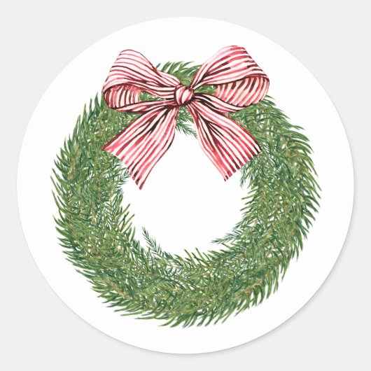 Sticker Rond Hand Painted Winter Pine Wreath Striped Red Bow (Devant)