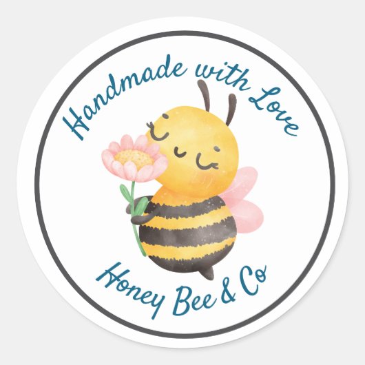 Sticker Rond Handmade with Love. Cute Bee Personalized (Devant)