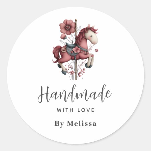 Sticker Rond Handmade with Love Whimsical Carousel Horse Image (Devant)