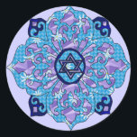 Sticker Rond Hanoukka<br><div class="desc">Les bleus de tous les nuances,  lilas et lavande dans une forme de fleur avec une étoile hexagone nouée au centre est une grande manière de célébrer Hanoukka et d'exprimer votre individualité en même temps.</div>