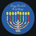 Sticker Rond Hanoukka Colorée Menorah Hanukiah<br><div class="desc">Coloré, Joyeux Chanoukah, Stickers Hanukiah rond. Amusez-vous à utiliser ces autocollants comme toppers de gâteau, étiquettes cadeaux, scellés d'enveloppe, fermeture de sacs préférés, ou n'importe quel rocher vos festivités! Personnalisez en supprimant du texte et en ajoutant vos propres mots, en utilisant votre style de police, taille et couleur préférés. La...</div>