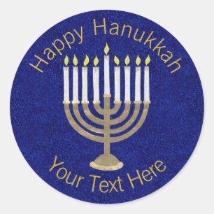 Sticker Rond Hanoukka Gold Menorah sur un Arrière - plan bleu r