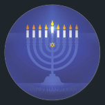 Sticker Rond hanoukka heureuse bleue<br><div class="desc">"blue happy hannukah",  "happy hannukah",  "joyeuses fêtes" "couturière hannukah",  "couturière channukah",  "étoile de david",  hannukah,  Hanoukka,  channuka,  channukah,  chanukkah,  hannuka,  hébreu,  juif,  juif,  judaïsme,  judaïsme,  menora,  orah les vacances, </div>