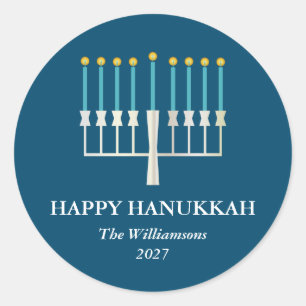 Sticker Rond Hanukkah Menorah in Blue Personalized