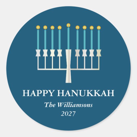 Sticker Rond Hanukkah Menorah in Blue Personalized (Devant)