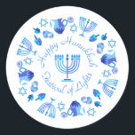 Sticker Rond Hanukkiah Happy Hanoukka Juive Fête Menorah<br><div class="desc">Symbole de Hanukkiah. Joyeux Hanoukka Party Juif Holiday Blue Menorah. Décoration Chanukkah de Fête Juive avec le symbole décoratif traditionnel Chanuka - bleu marine hanukkiah menorah, chandelier avec bougies, étoile de David et néon bleu lumières illustration. Hanoukka Festival des lumières Décoration de l'événement. Jérusalem, Israël. Articles d'artisanat et de fête...</div>