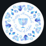 Sticker Rond Hanukkiah Happy Hanoukka Juive Fête Menorah<br><div class="desc">Symbole de Hanukkiah. Joyeux Hanoukka Party Juif Holiday Blue Menorah. Décoration Chanukkah de Fête Juive avec le symbole décoratif traditionnel Chanuka - bleu marine hanukkiah menorah, chandelier avec bougies, étoile de David et néon bleu lumières illustration. Hanoukka Festival des lumières Décoration de l'événement. Jérusalem, Israël. Articles d'artisanat et de fête...</div>
