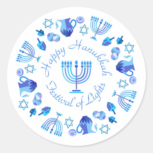 Sticker Rond Hanukkiah Happy Hanoukka Juive Fête Menorah (Devant)