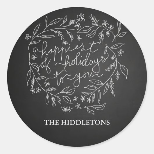 Sticker Rond Happest Of Holidays Script Wreath Chalkboard (Devant)