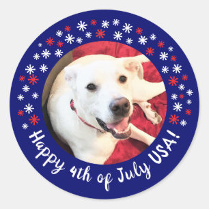 Sticker Rond Happy 4 juillet USA Funny Smiling Chien Photo