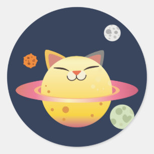 Sticker Rond Happy Big Cat Planet Space