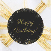 Sticker Rond Happy Birthday Black Gold Glitter