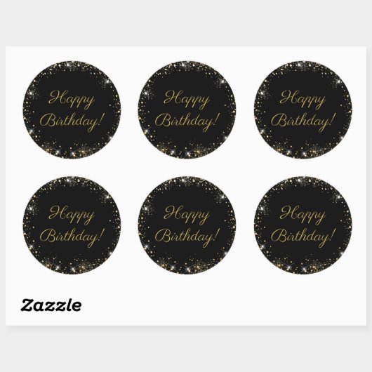 Sticker Rond Happy Birthday Black Gold Glitter (Feuille)
