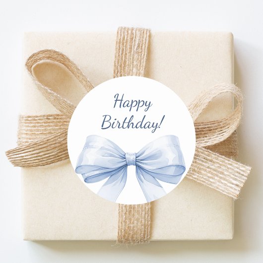 Sticker Rond Happy Birthday Bow Light Blue elegant