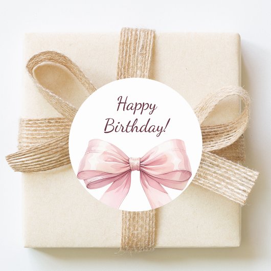 Sticker Rond Happy Birthday Bow Pink elegant