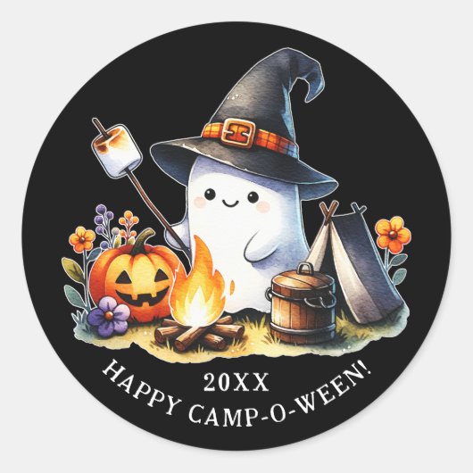 Sticker Rond Happy Camp-o-ween Ghost Camping Halloween Noir (Devant)