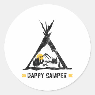 Sticker Rond Happy Camper Camping Caravan Motorhome Cadeau