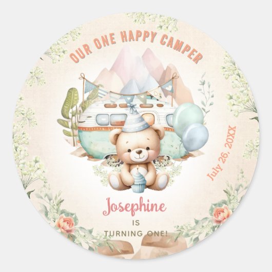Sticker Rond Happy Camper Été 1er Anniversaire Fille (Devant)