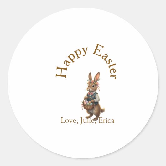 Sticker Rond Happy Easter brown bunny with eggs love add name (Devant)