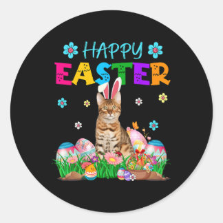 Sticker Rond Happy Easter Bunny Bengal Cat Hunting Eggs Colourf