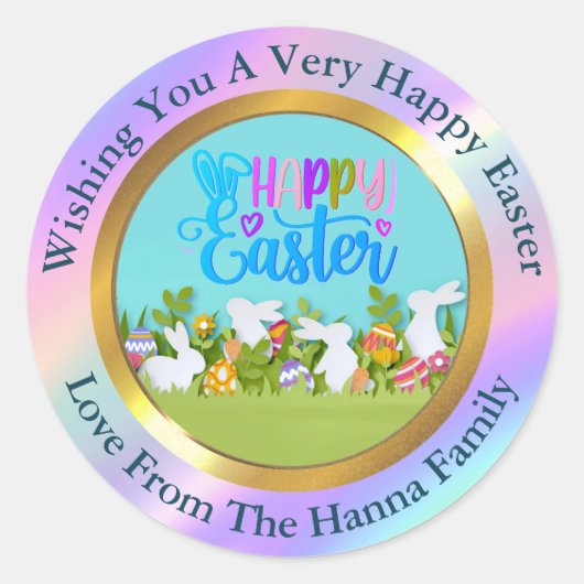 Sticker Rond Happy Easter - Floral Bunny & Eggs Favor (Devant)