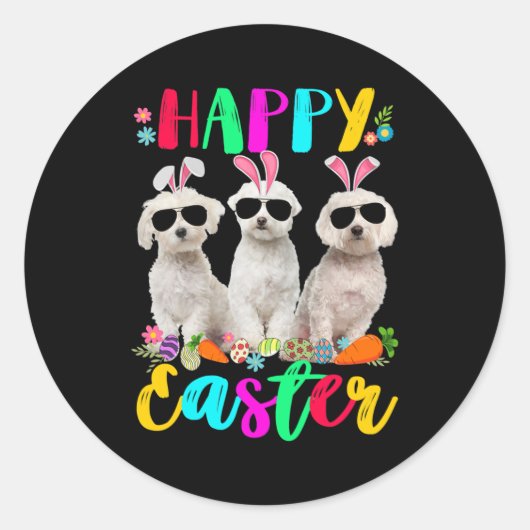 Sticker Rond Happy Easter Three Maltese Wearing Bunny Ears (Devant)