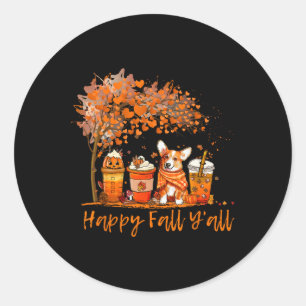 Sticker Rond Happy Fall Y'all Automne Corgi Halloween Citrouill