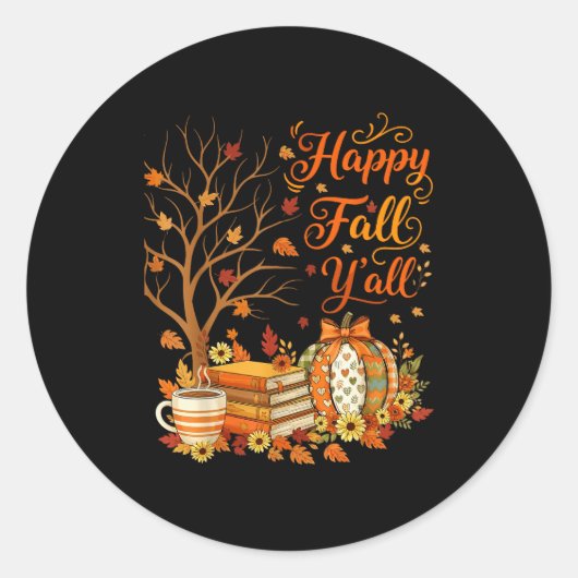 Sticker Rond Happy Fall Y'all Floral Pumpkin Autumn Coffee  (Devant)