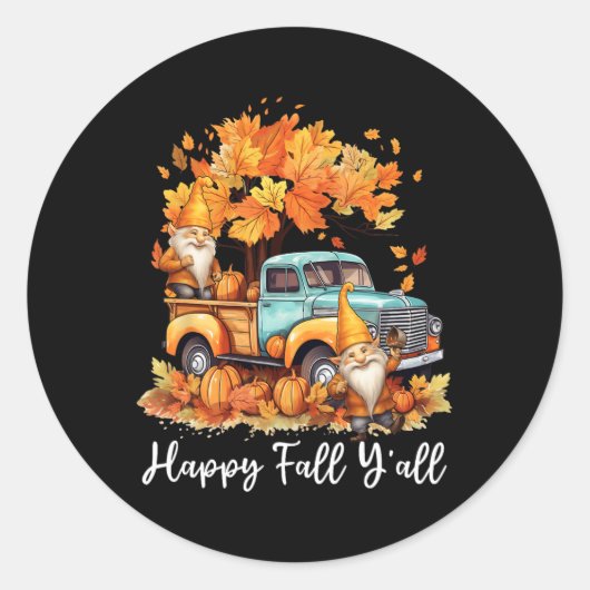 Sticker Rond Happy Fall Y'all Gnome Citrouille Camion Thanksgiv (Devant)