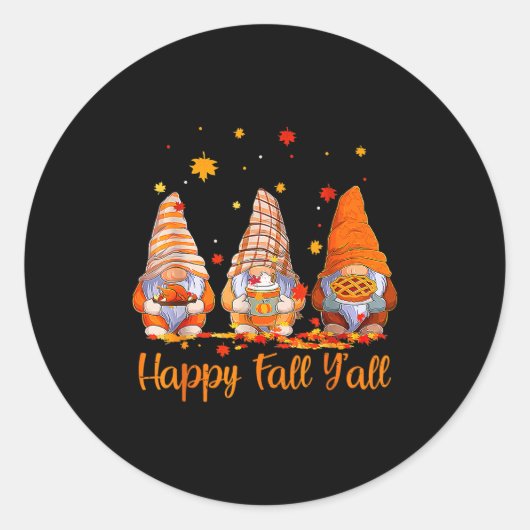 Sticker Rond Happy Fall Y'all Gnome Pumpkin Autumn Thanksgiving (Devant)