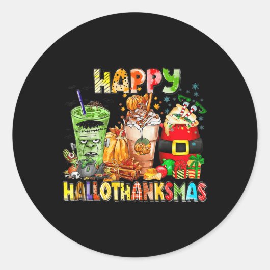 Sticker Rond Happy Hallothanksmas Coffee Halloween Thanksgiving (Devant)
