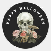 Sticker Rond Happy Halloween Black Skull Pink Floral (Devant)