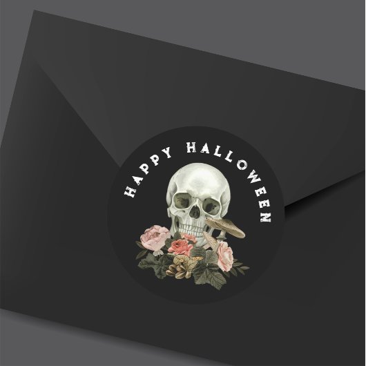 Sticker Rond Happy Halloween Black Skull Pink Floral