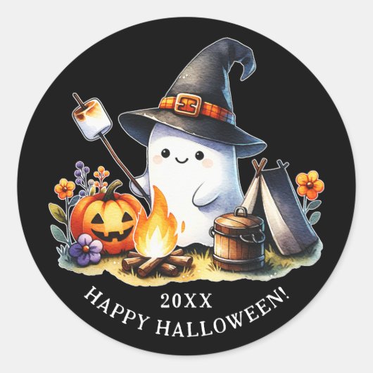 Sticker Rond Happy Halloween Camping Cute Ghost Black (Devant)