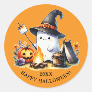 Sticker Rond Happy Halloween Camping Cute Ghost Orange