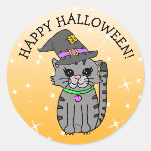 Sticker Rond Happy Halloween Chat dans le Casquette de Witch