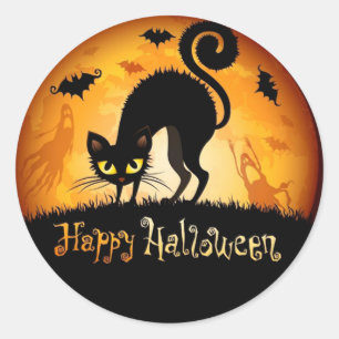 Sticker Rond Happy Halloween Chat noir