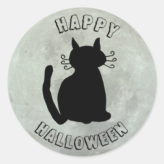 Sticker Rond Happy Halloween Chat noir et Pleine lune (Devant)