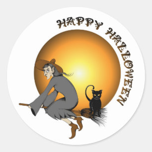 Sticker Rond Happy Halloween Chat noir et sorcière