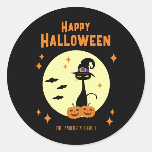 Sticker Rond Happy Halloween Chat noir personnalisé (Devant)