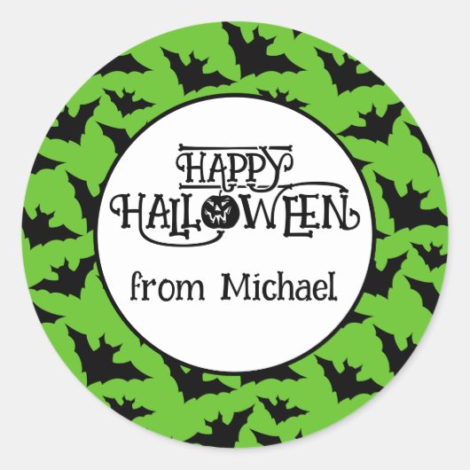 Sticker Rond Happy Halloween chauves-souris vert noir éffrayant (Devant)