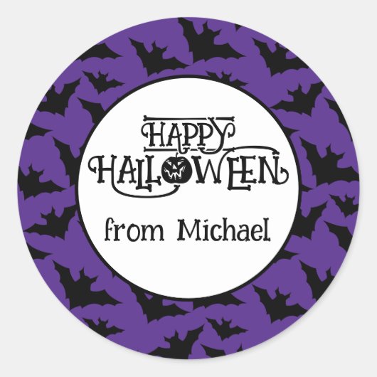 Sticker Rond Happy Halloween chauves-souris violet noir éffraya (Devant)