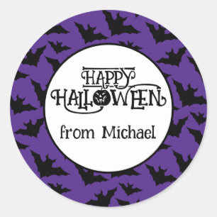Sticker Rond Happy Halloween chauves-souris violet noir éffraya