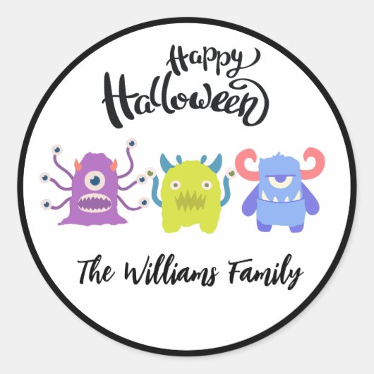 Sticker Rond Happy Halloween Cute Monsters Personnalisé Nom de (Devant)