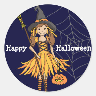 Sticker Rond Happy Halloween filles mignonette sorcière autocol