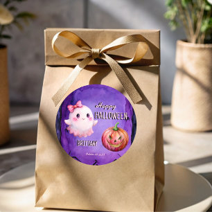 Sticker Rond Happy Halloween mignon fantôme rose