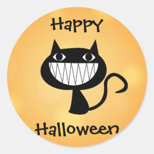 Sticker Rond Happy Halloween mignonette Carton noir Chat orange