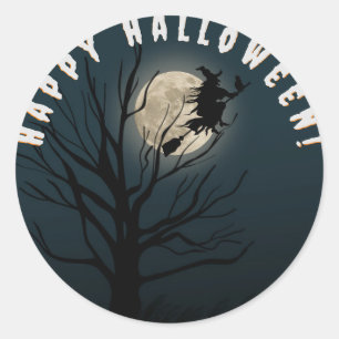 Sticker Rond Happy halloween noir blanc sorcière